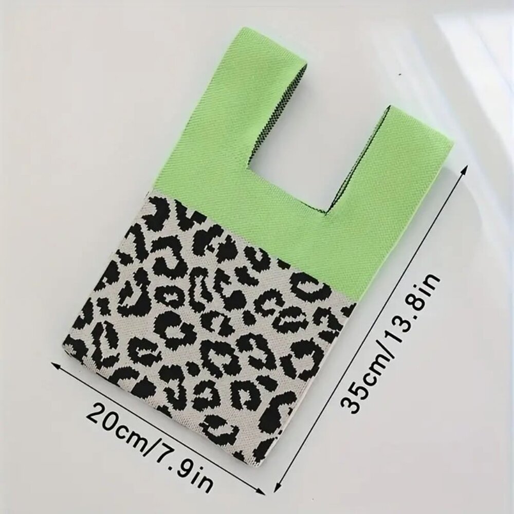 Leopard Pattern Colorblock Small Knit Tote Bag - Picture 3 of 3